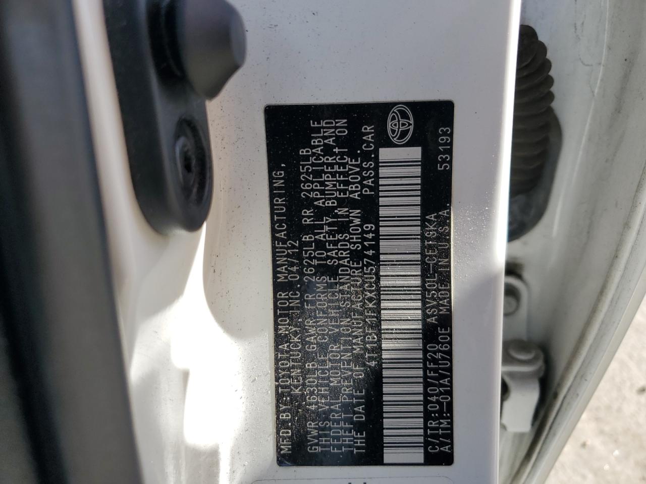 2012 Toyota Camry Base VIN: 4T1BF1FKXCU574149 Lot: 81952105