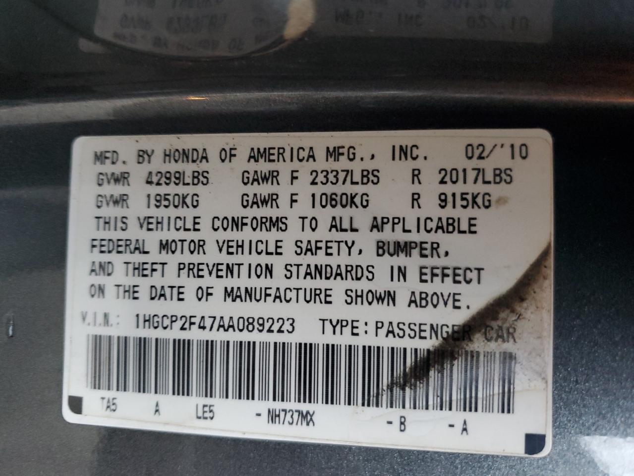 2010 Honda Accord Lxp VIN: 1HGCP2F47AA089223 Lot: 90361105