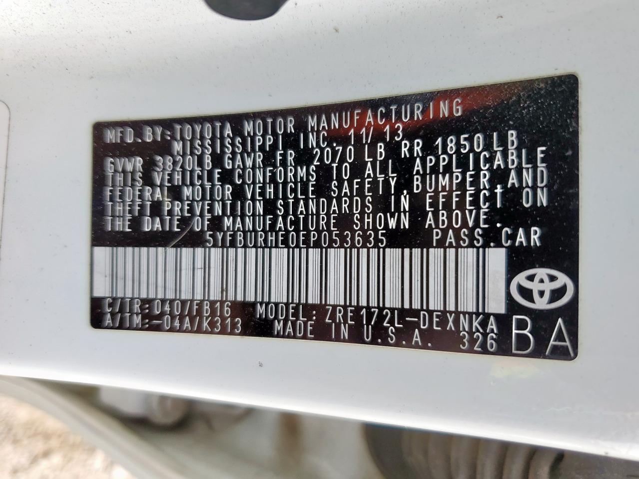 2014 Toyota Corolla L VIN: 5YFBURHE0EP053635 Lot: 85372135