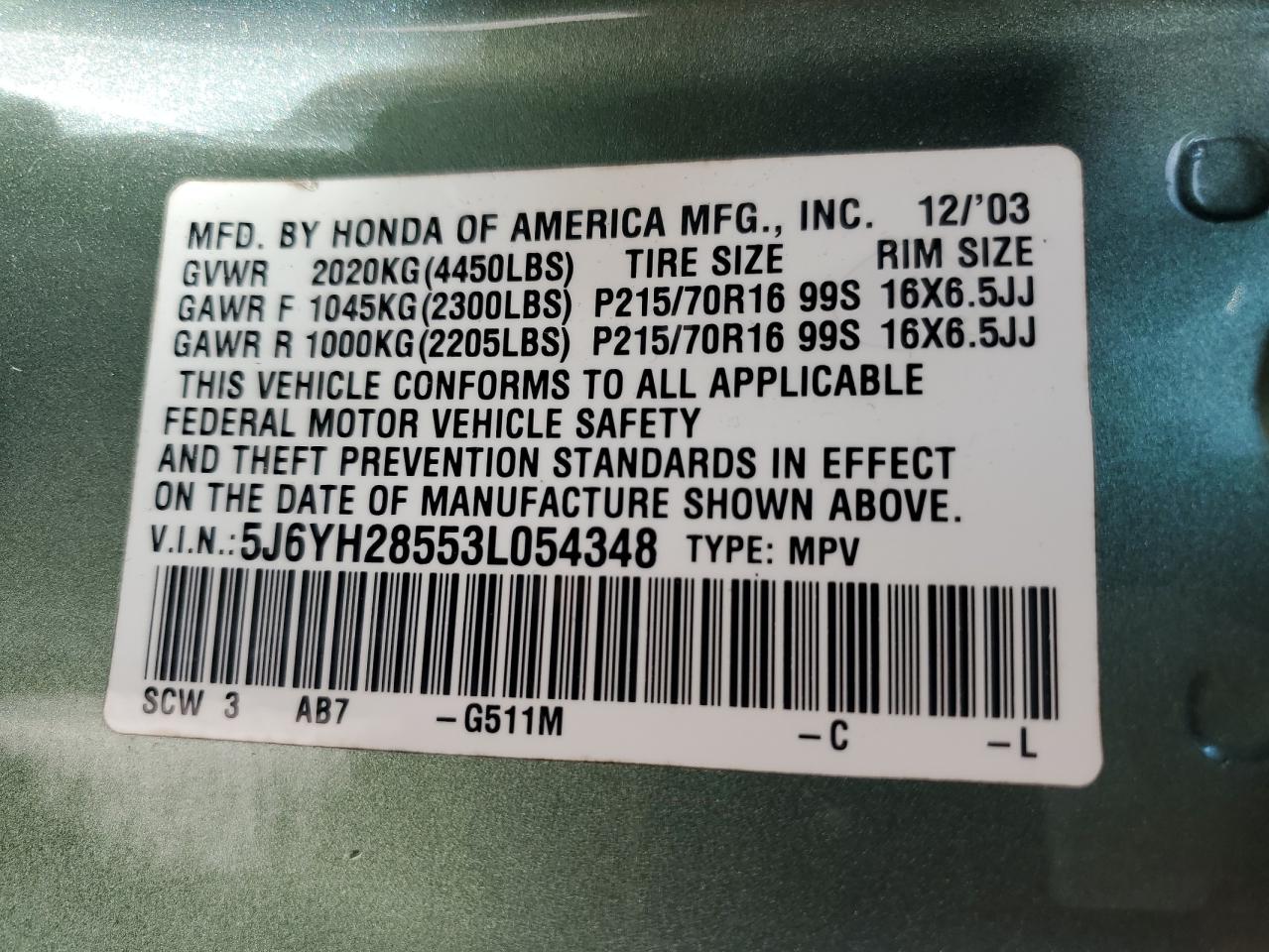 2003 Honda Element Ex VIN: 5J6YH28553L054348 Lot: 82195805