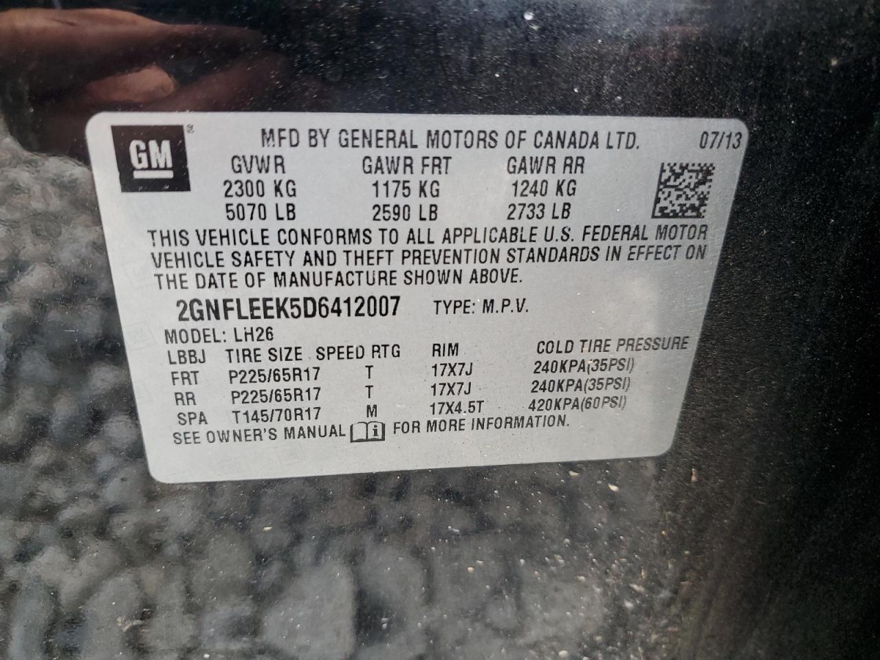 2013 Chevrolet Equinox Lt VIN: 2GNFLEEK5D6412007 Lot: 82485365