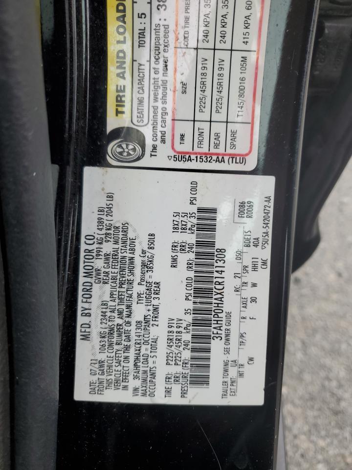 2012 Ford Fusion Se VIN: 3FAHP0HAXCR141308 Lot: 85586175