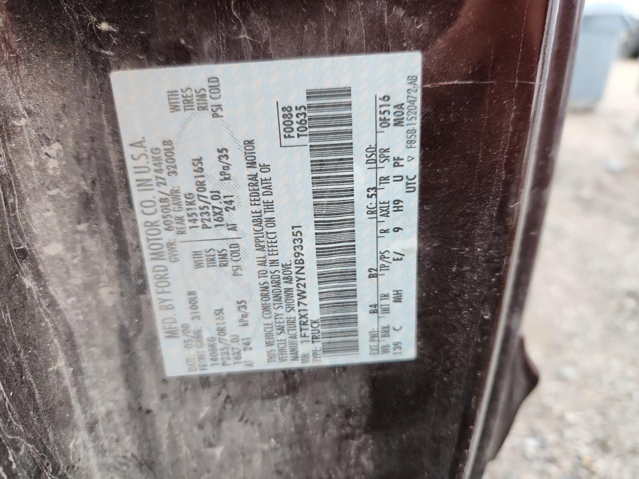 2000 Ford F150 VIN: 1FTRX17W2YNB93351 Lot: 87296215