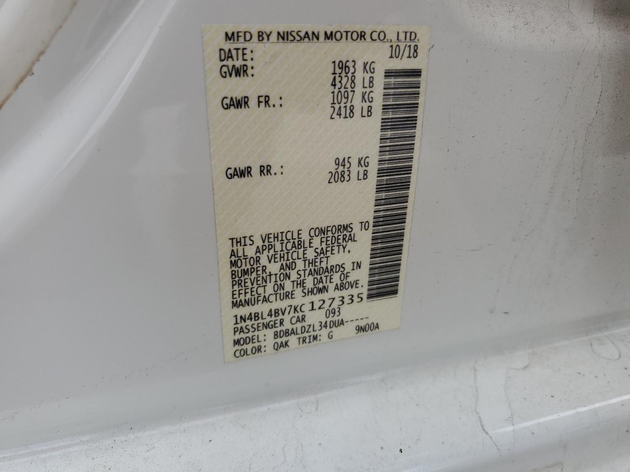 2019 Nissan Altima S VIN: 1N4BL4BV7KC127335 Lot: 85647425