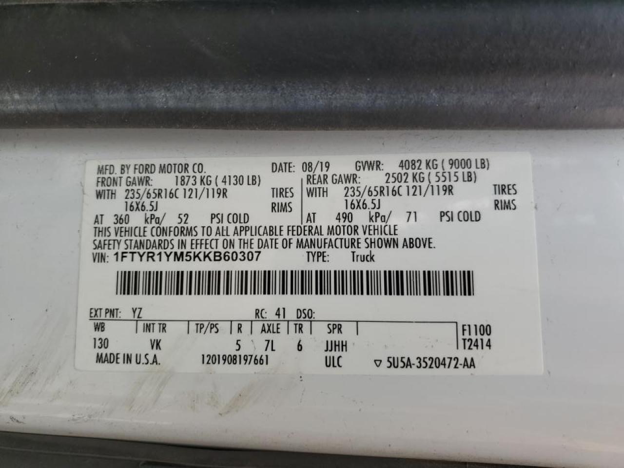 2019 Ford Transit Delivery Van VIN: 1FTYR1YM5KKB60307 Lot: 90615855