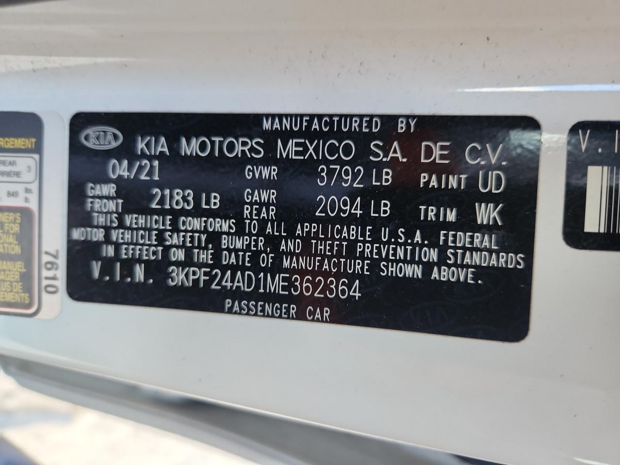 2021 Kia Forte Fe VIN: 3KPF24AD1ME362364 Lot: 87203655