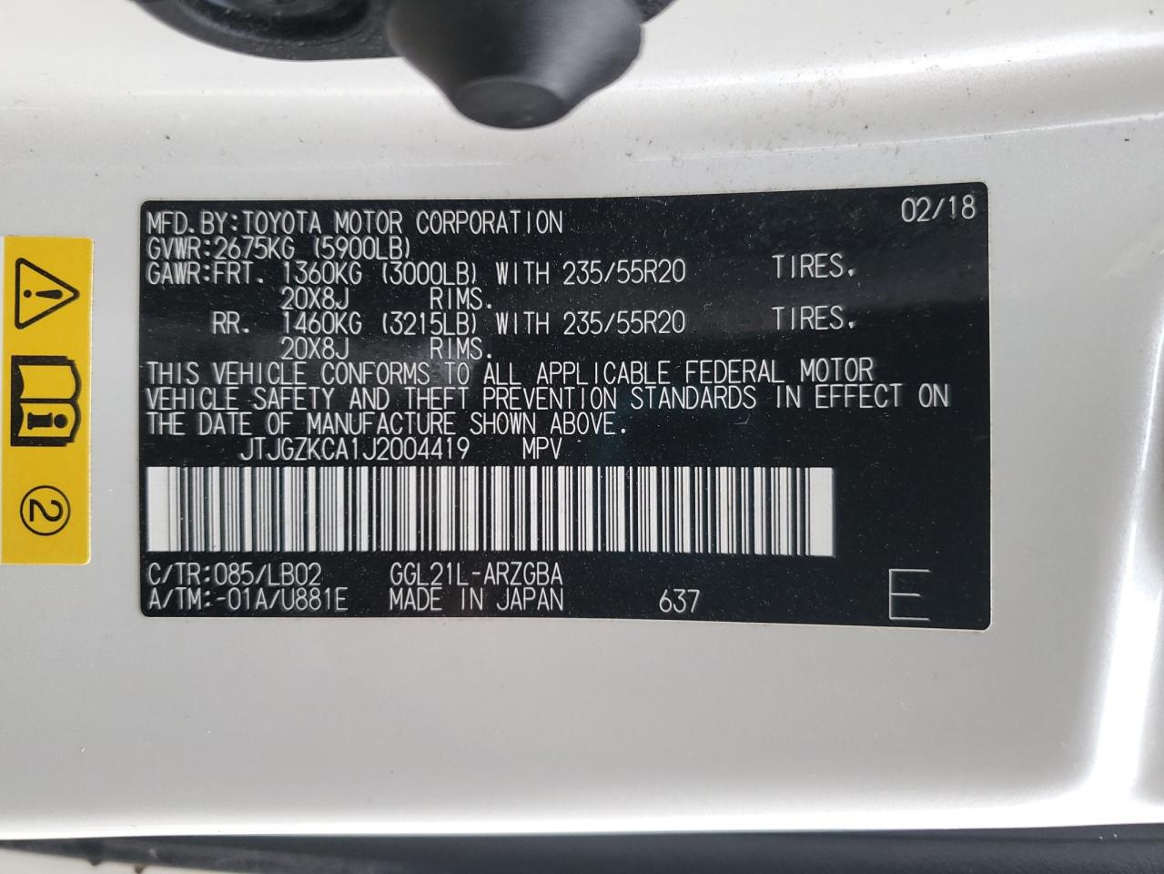 2018 Lexus Rx 350 L VIN: JTJGZKCA1J2004419 Lot: 89658965