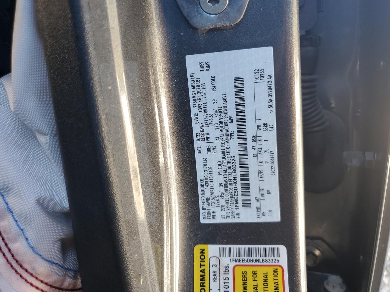 2022 Ford Bronco Base VIN: 1FMEE5DH0NLB83325 Lot: 85949055