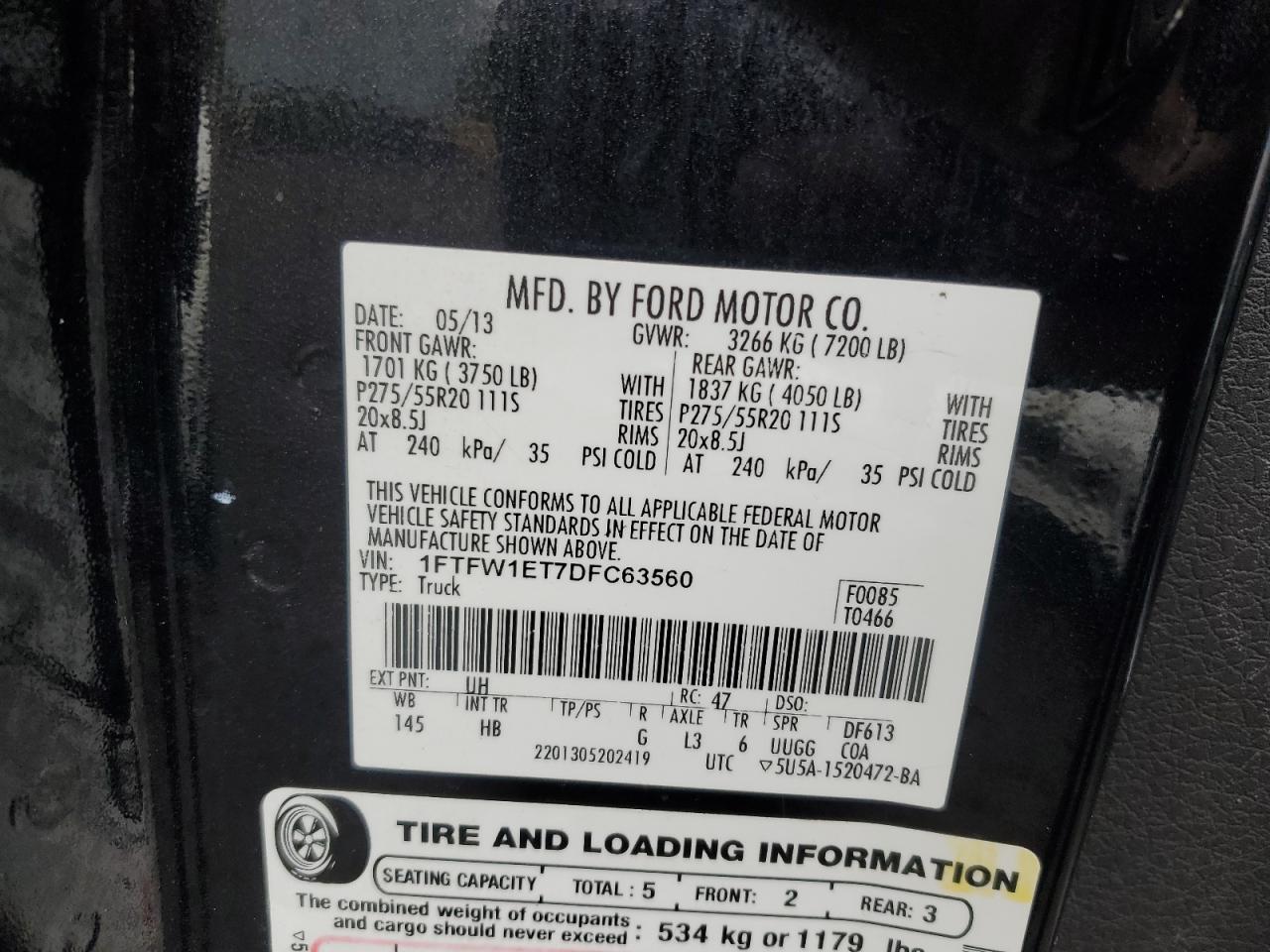 2013 Ford F150 Supercrew VIN: 1FTFW1ET7DFC63560 Lot: 87299175