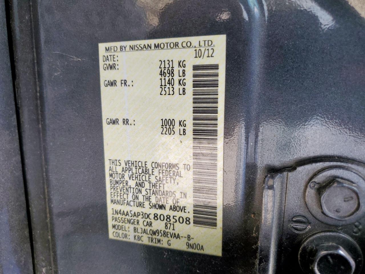 2013 Nissan Maxima VIN: 1N4AA5AP3DC808508 Lot: 82192015