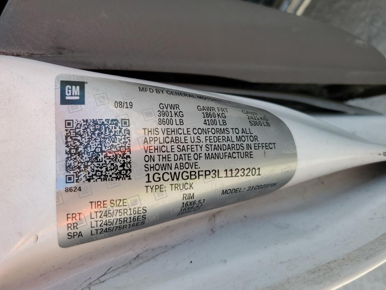 2020 Chevrolet Express G2500 VIN: 1GCWGBFP3L1123201 Lot: 85150525