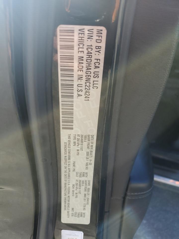 2022 Dodge Durango Sxt VIN: 1C4RDHAG6NC224241 Lot: 90607735