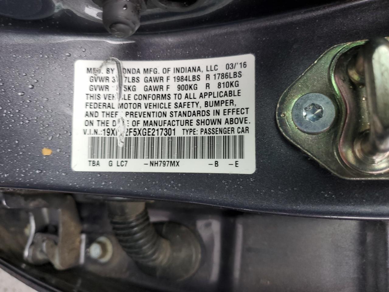 2016 Honda Civic Lx VIN: 19XFC2F5XGE217301 Lot: 85725095