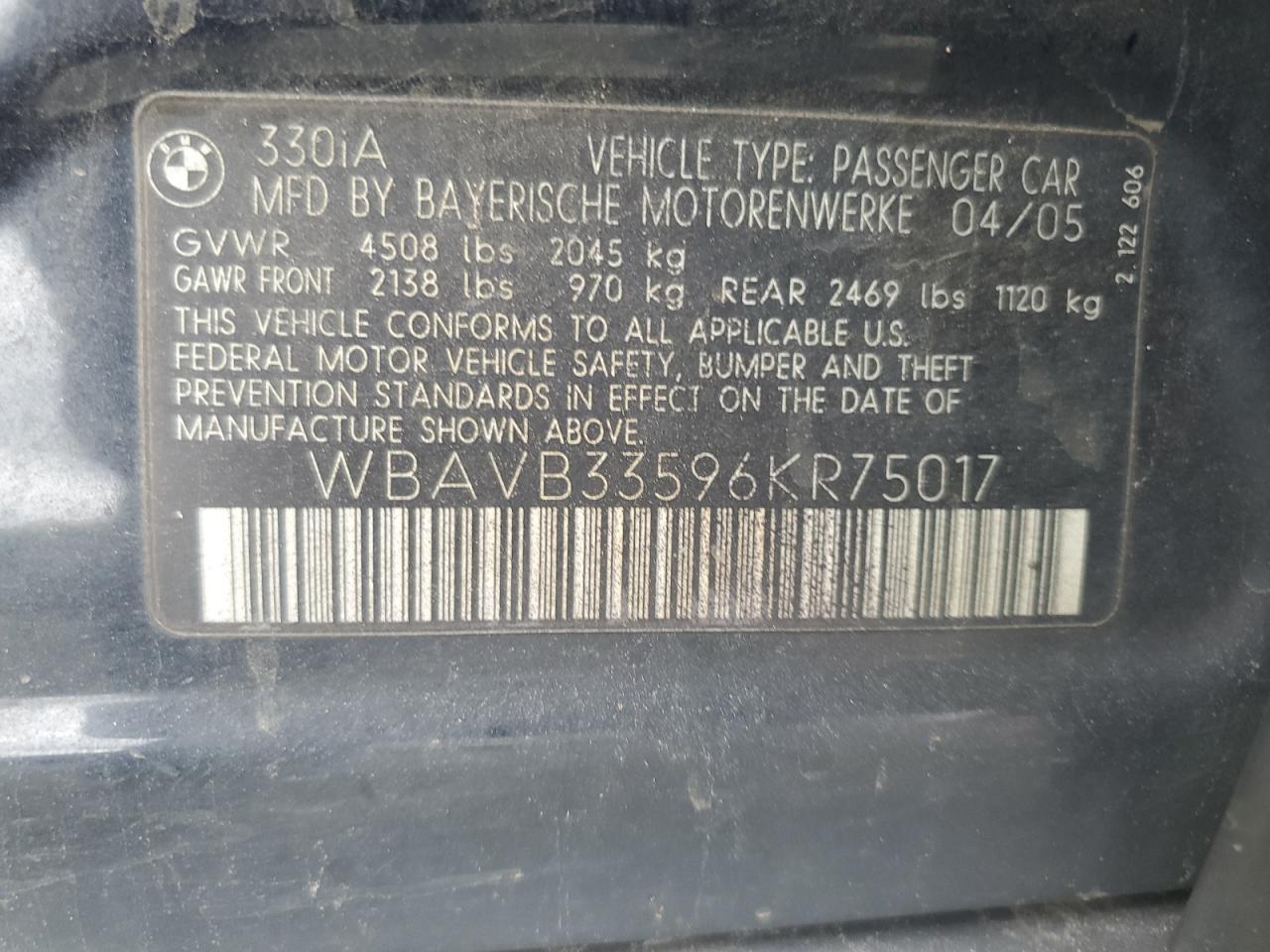 2006 BMW 330 I VIN: WBAVB33596KR75017 Lot: 82277535