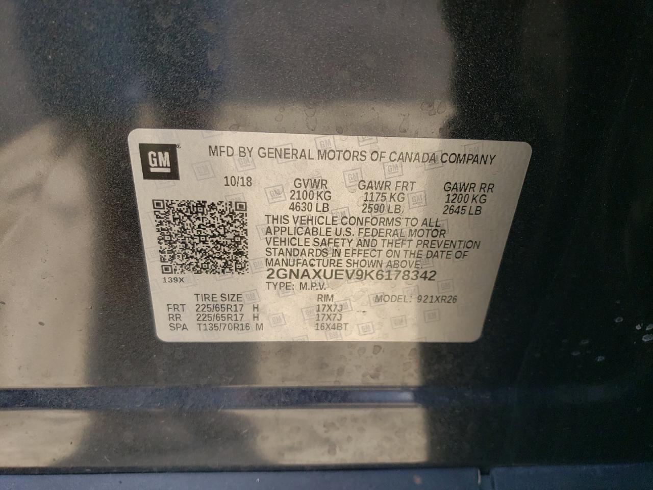 2019 Chevrolet Equinox Lt VIN: 2GNAXUEV9K6178342 Lot: 82382175