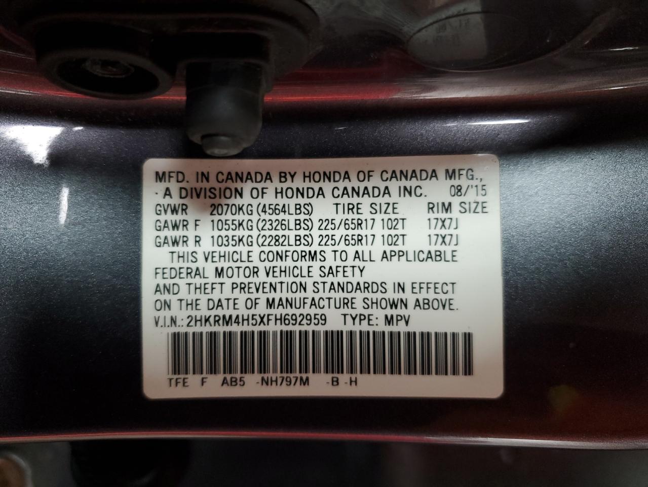 2015 Honda Cr-V Ex VIN: 2HKRM4H5XFH692959 Lot: 86331915