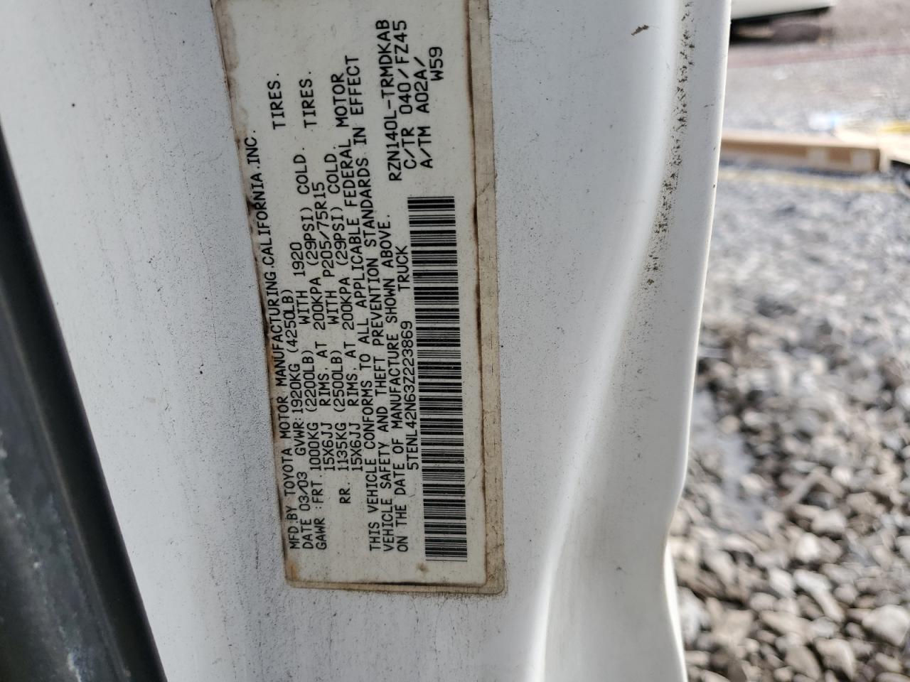 2003 Toyota Tacoma VIN: 5TENL42N63Z223869 Lot: 84578685