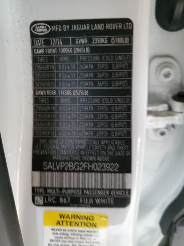 2015 Land Rover Range Rover Evoque Pure Plus VIN: SALVP2BG2FH023922 Lot: 86274615