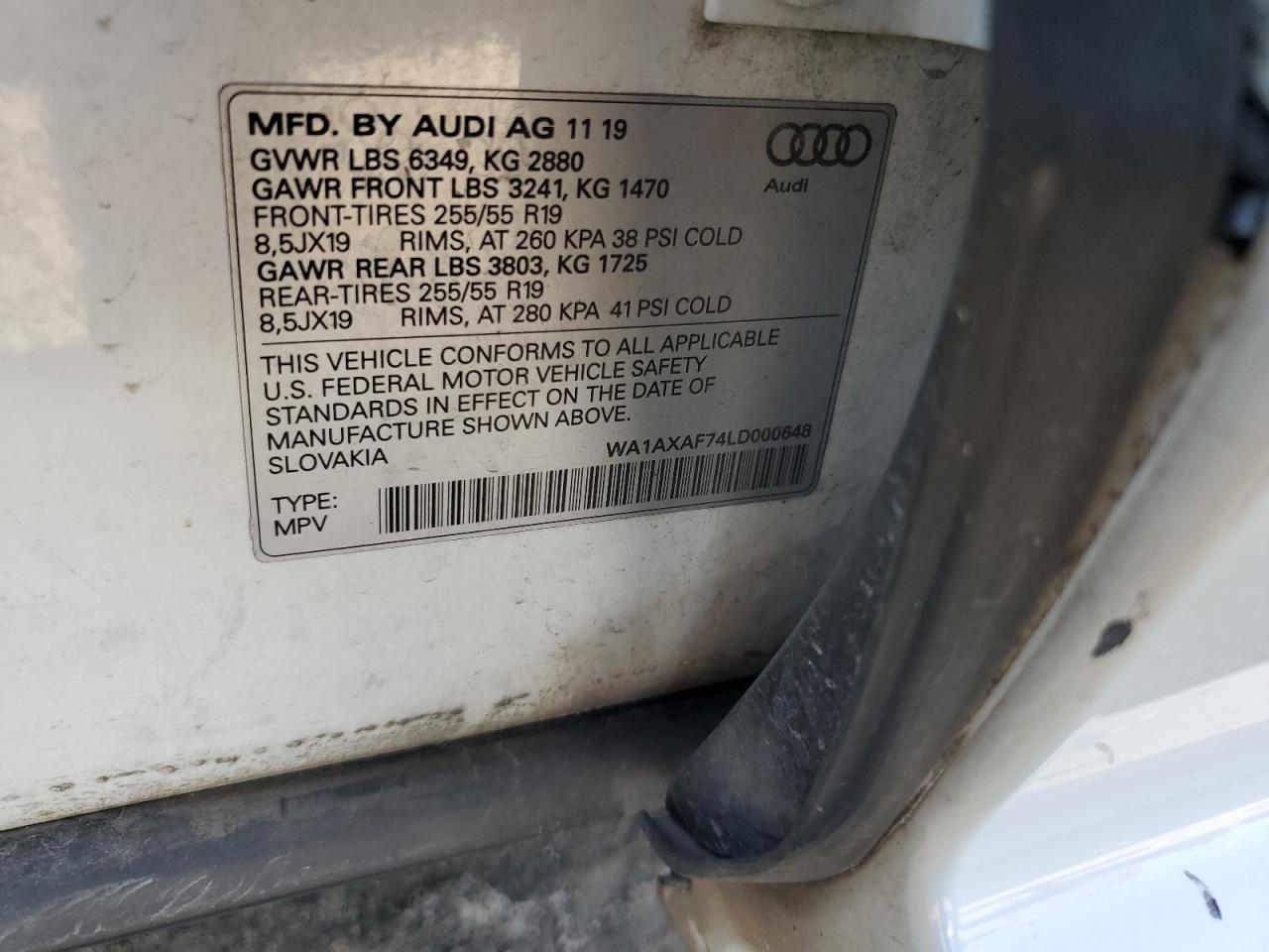 2020 Audi Q7 Premium VIN: WA1AXAF74LD000648 Lot: 89840565