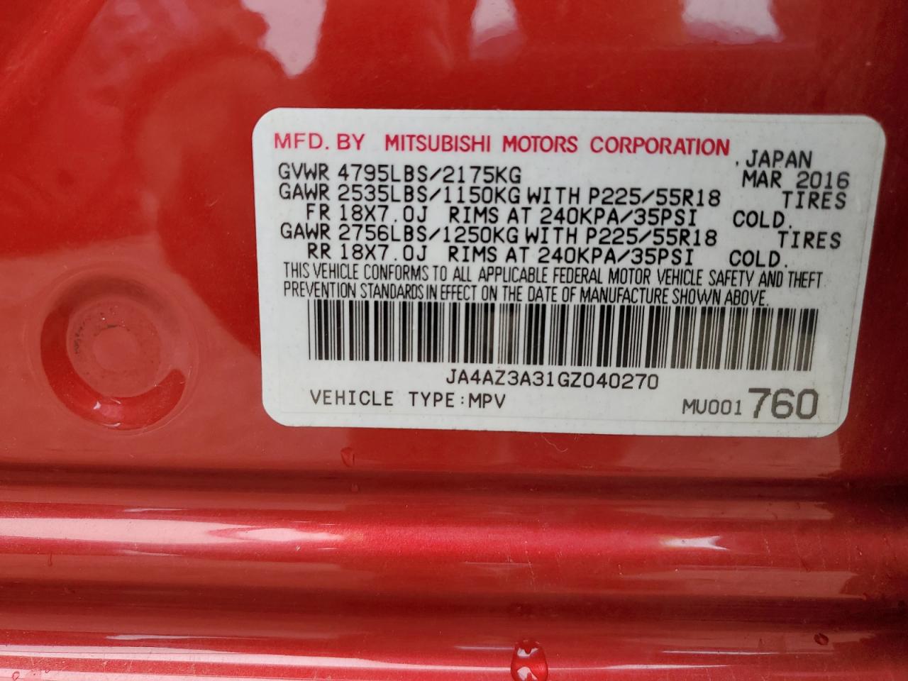2016 Mitsubishi Outlander Se VIN: JA4AZ3A31GZ040270 Lot: 89807565