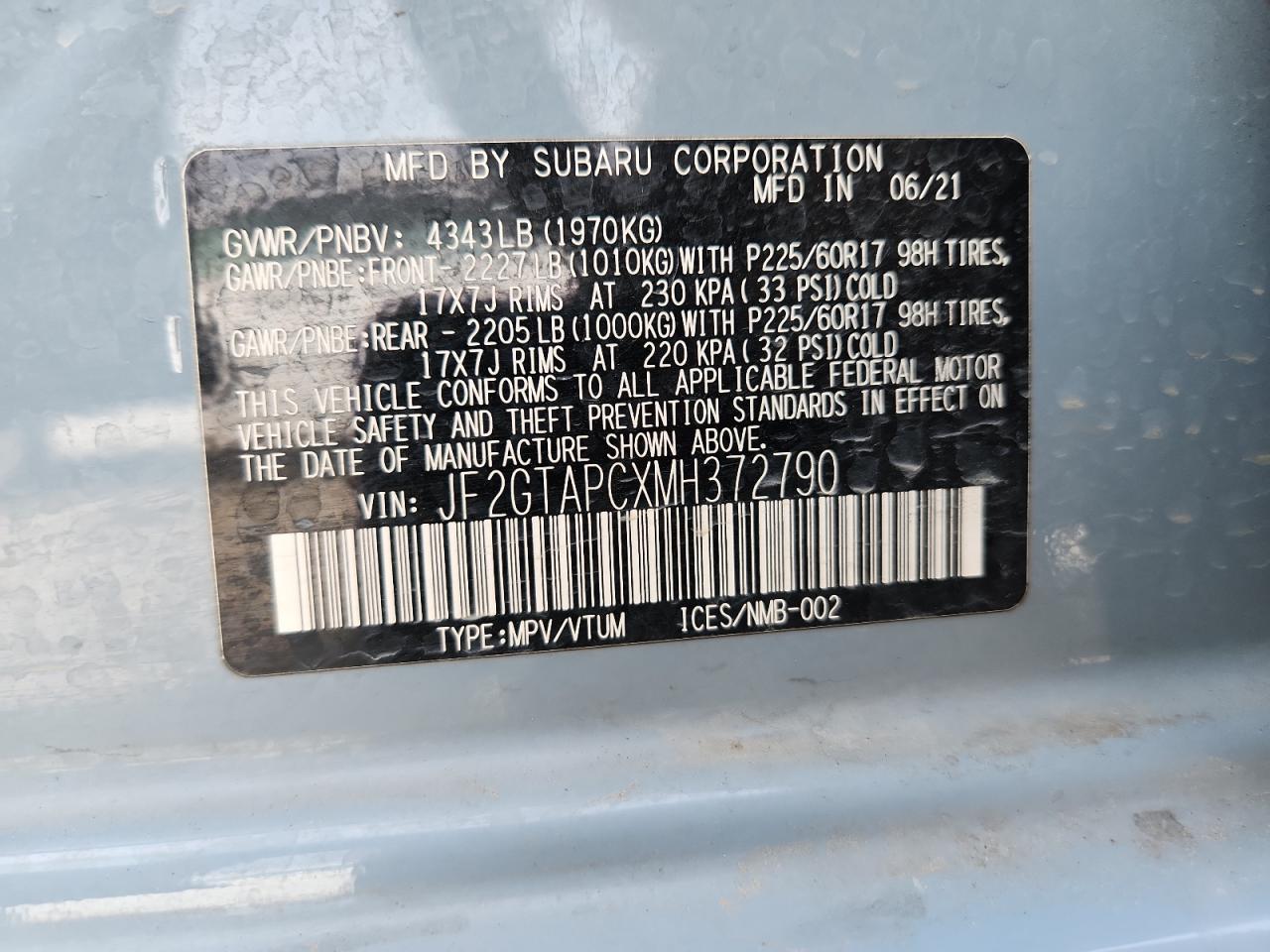 2021 Subaru Crosstrek Premium VIN: JF2GTAPCXMH372790 Lot: 84480195