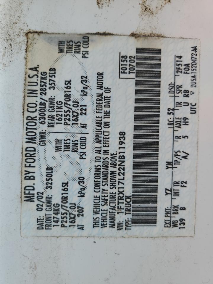 2002 Ford F150 VIN: 1FTRX17L22NB11938 Lot: 89536535