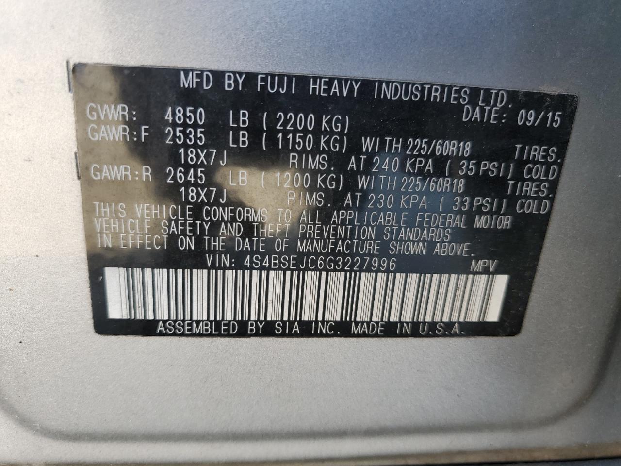 2016 Subaru Outback 3.6R Limited VIN: 4S4BSEJC6G3227996 Lot: 84763315