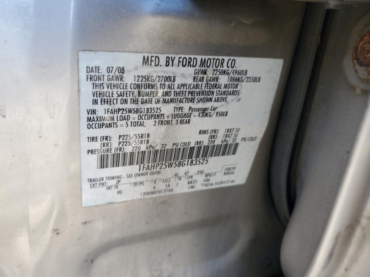 2008 Ford Taurus Limited VIN: 1FAHP25W58G183525 Lot: 82266475