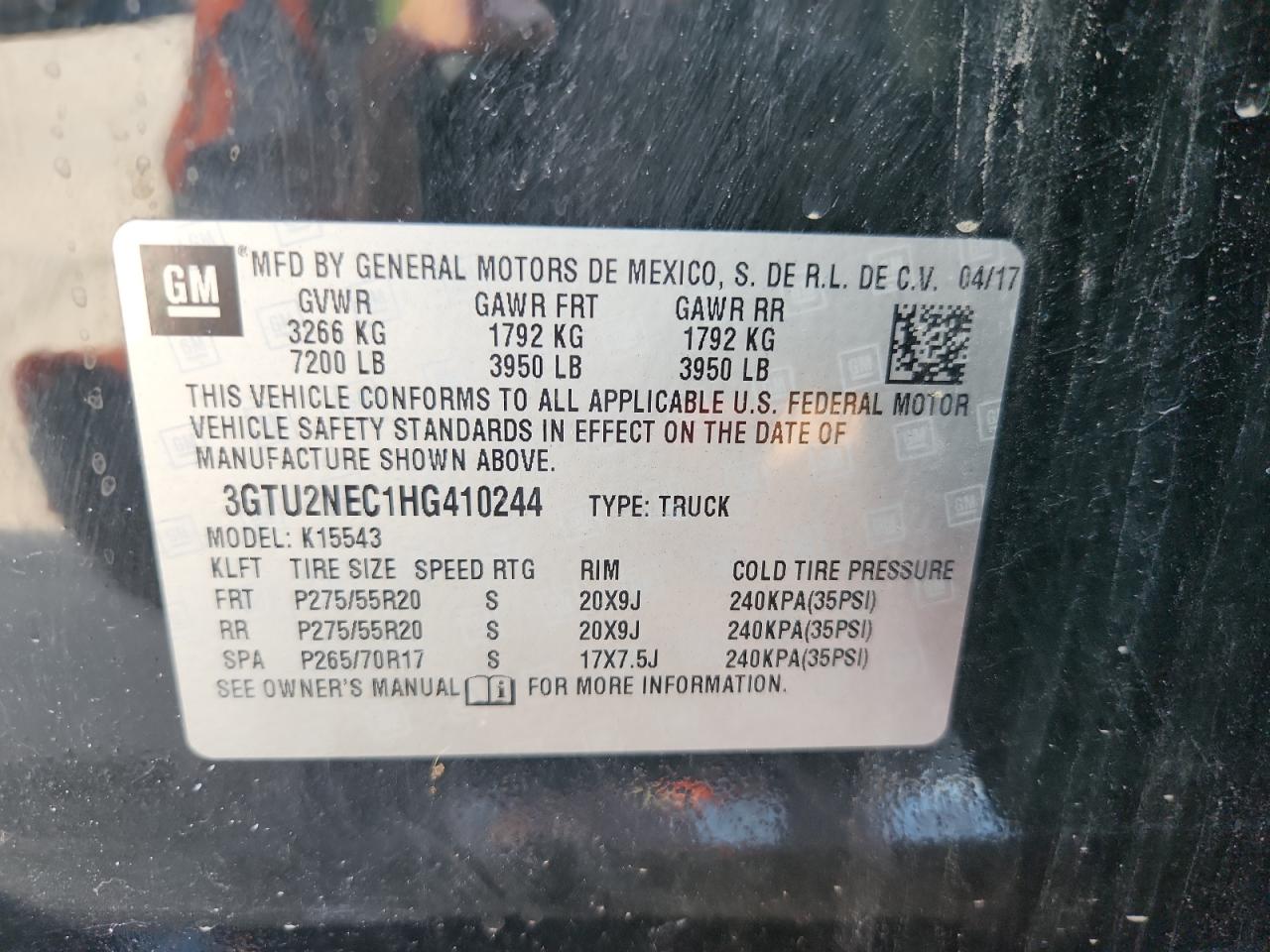 2017 GMC Sierra K1500 Slt VIN: 3GTU2NEC1HG410244 Lot: 86705145