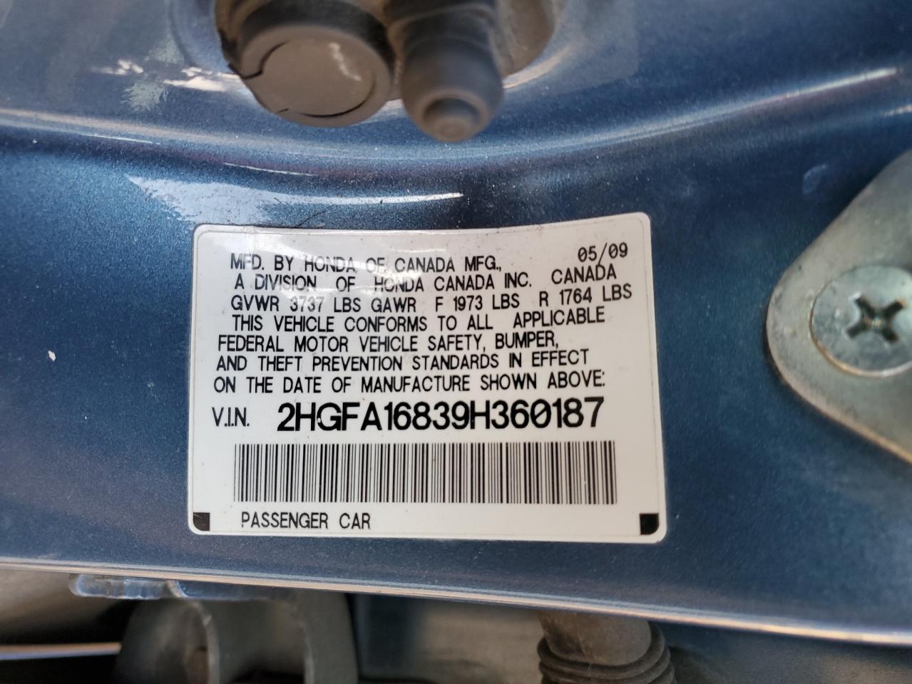 2009 Honda Civic Ex VIN: 2HGFA16839H360187 Lot: 84917125