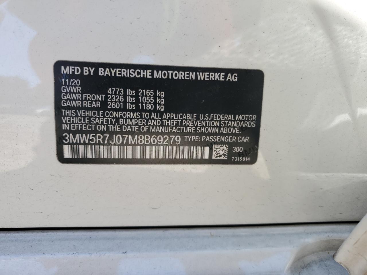 2021 BMW 330Xi VIN: 3MW5R7J07M8B69279 Lot: 84652945