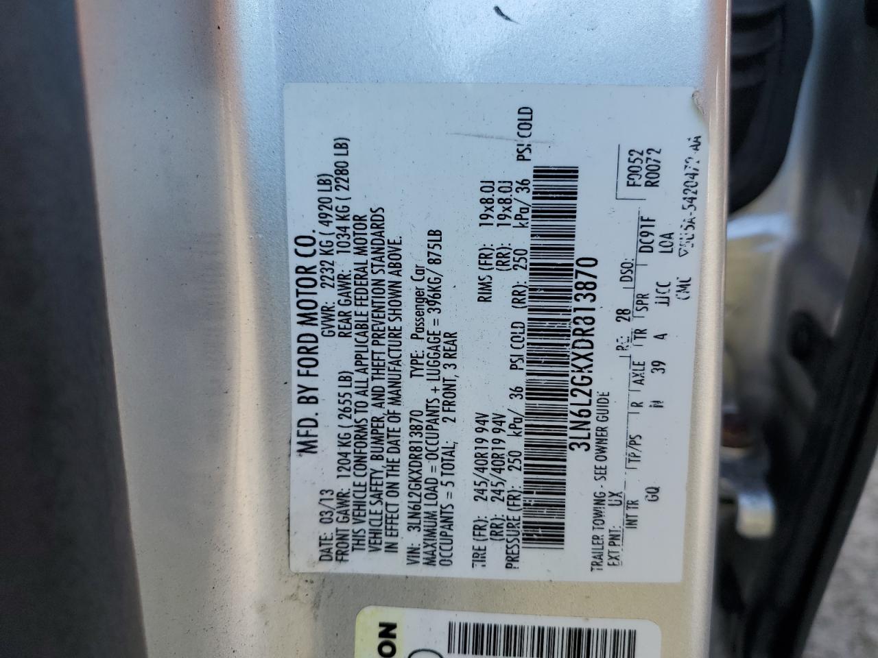 2013 Lincoln Mkz VIN: 3LN6L2GKXDR813870 Lot: 90359885