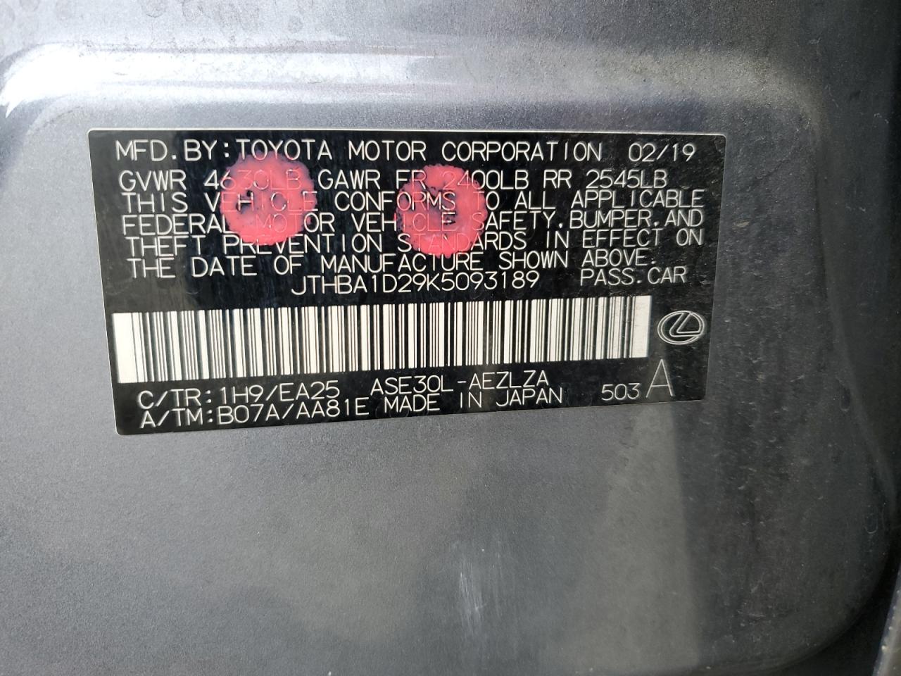 2019 Lexus Is 300 VIN: JTHBA1D29K5093189 Lot: 82736785