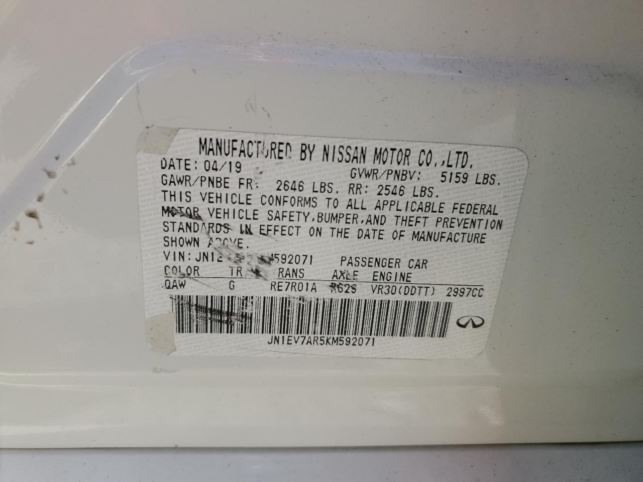 2019 Infiniti Q50 Luxe VIN: JN1EV7AR5KM592071 Lot: 85088725