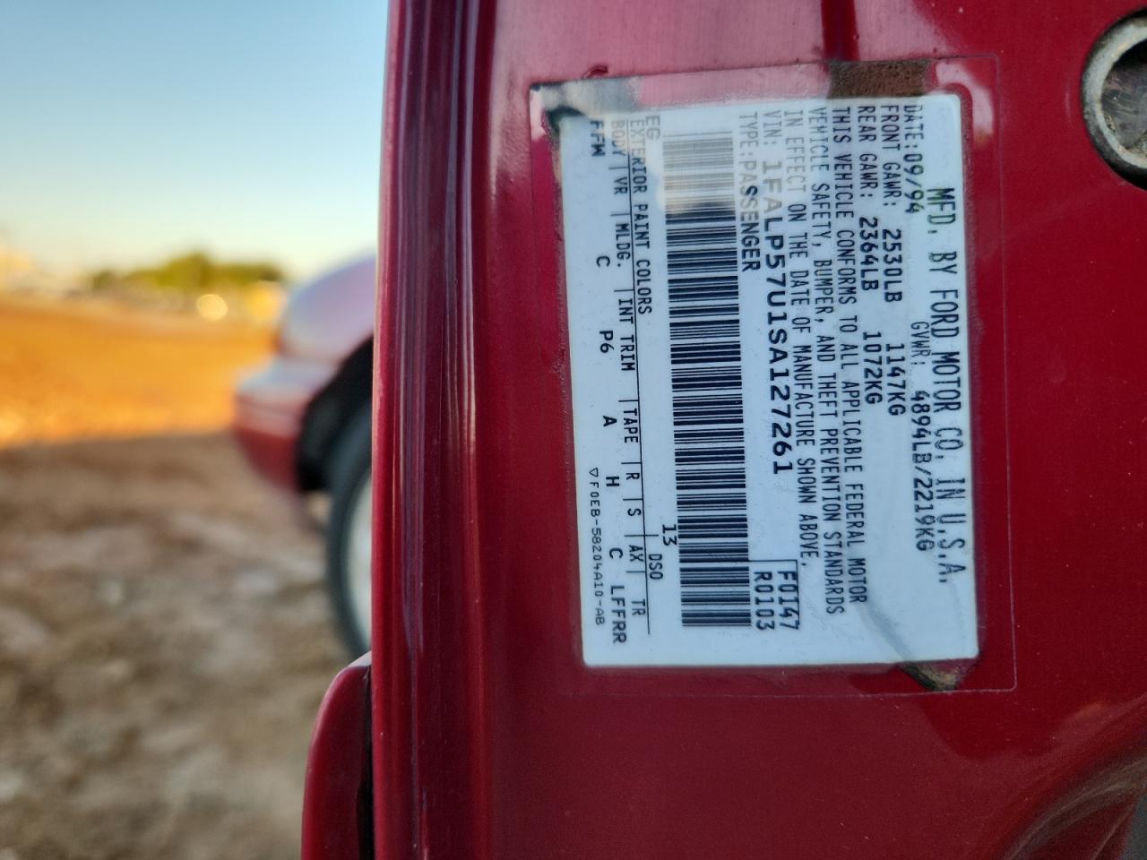 1995 Ford Taurus Gl VIN: 1FALP57U1SA127261 Lot: 84859545