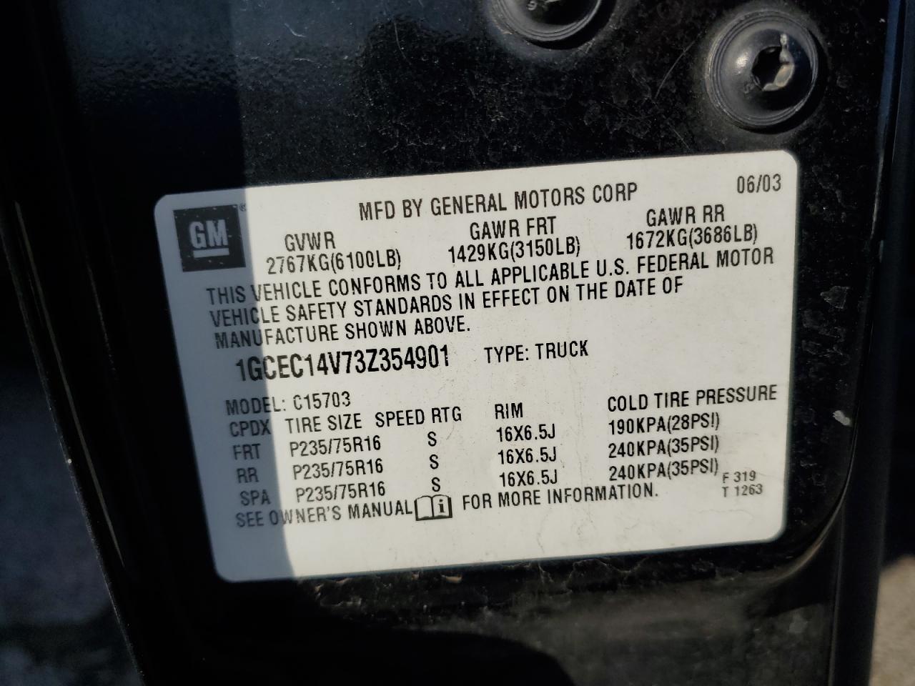 2003 Chevrolet Silverado C1500 VIN: 1GCEC14V73Z354901 Lot: 85878165