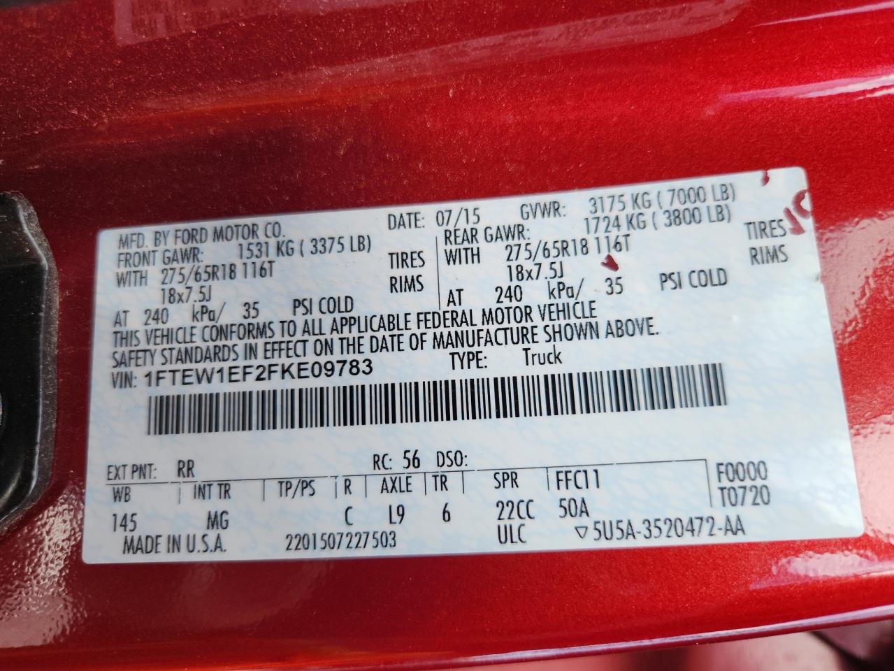 2015 Ford F150 Supercrew VIN: 1FTEW1EF2FKE09783 Lot: 89918765