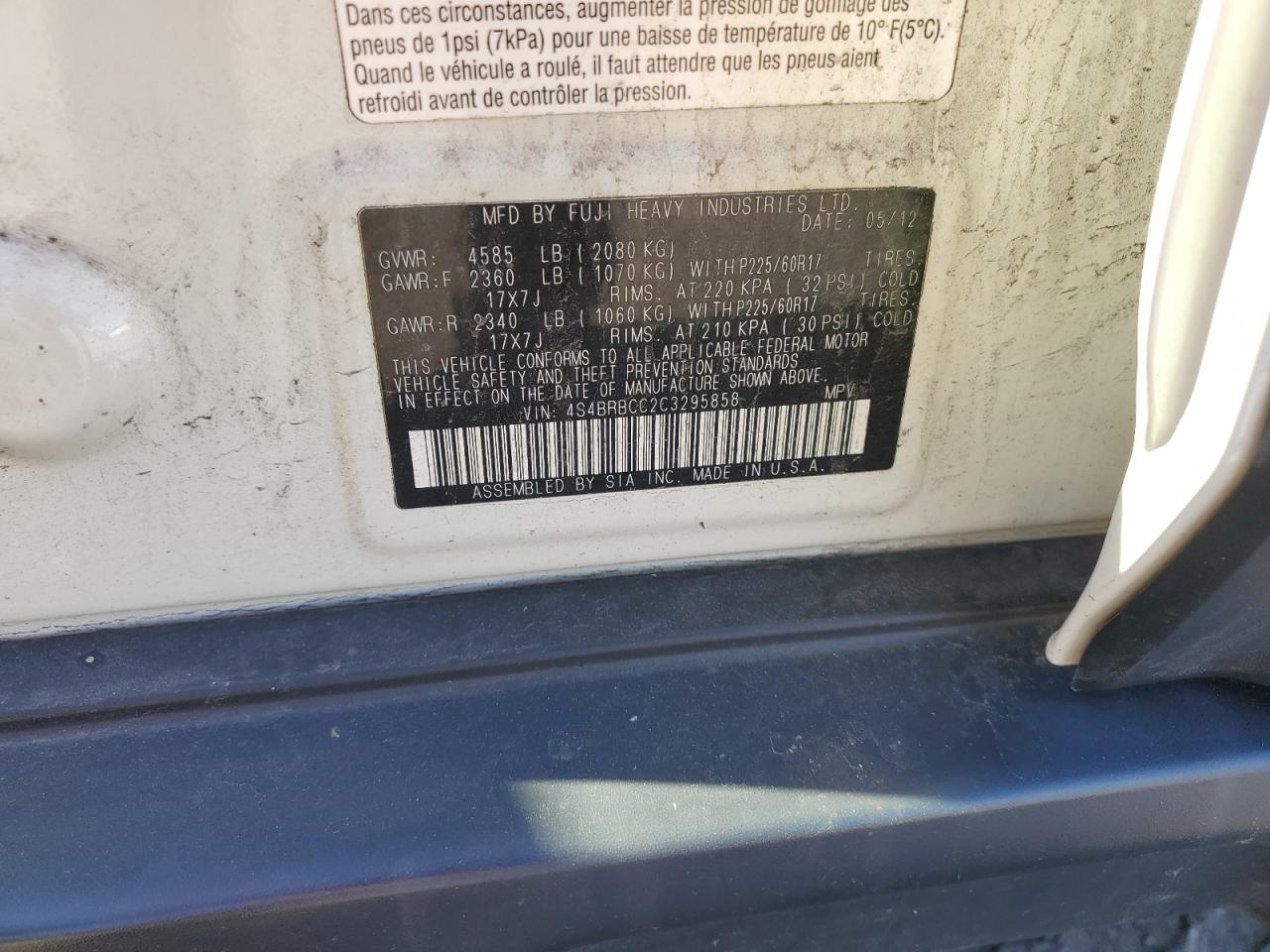 2012 Subaru Outback 2.5I Premium VIN: 4S4BRBCC2C3295858 Lot: 83787975