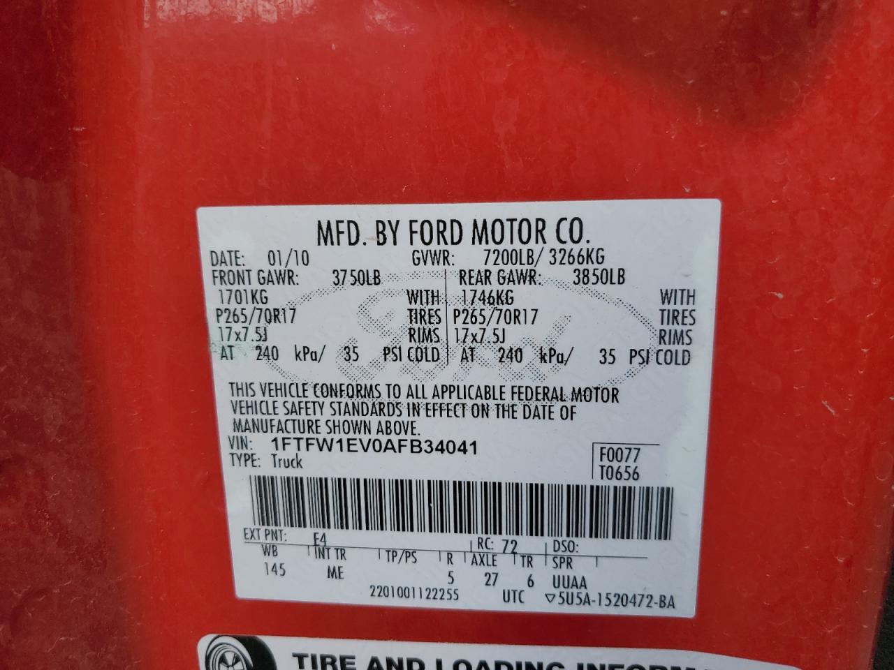 2010 Ford F150 Supercrew VIN: 1FTFW1EV0AFB34041 Lot: 85830675