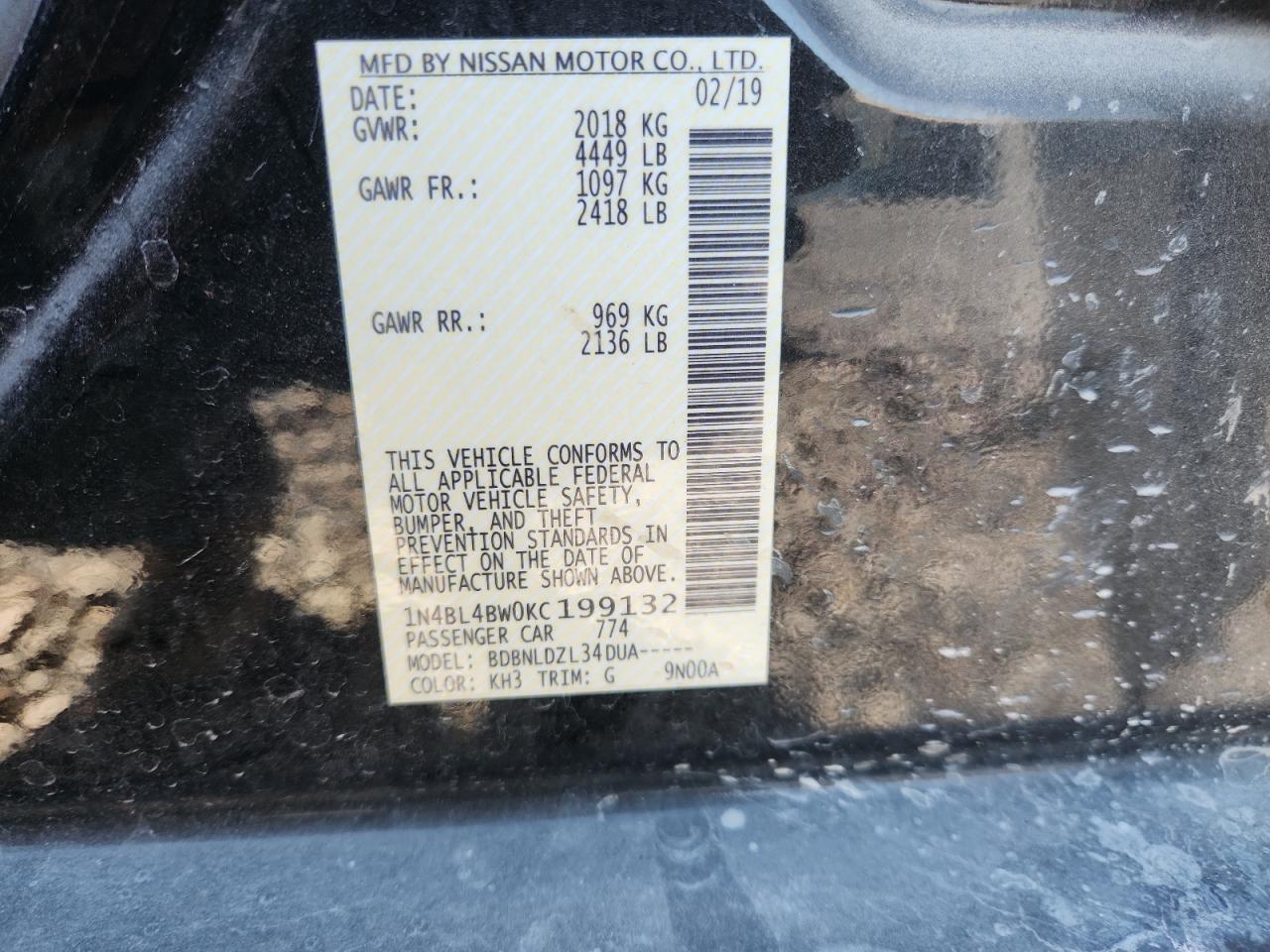 2019 Nissan Altima S VIN: 1N4BL4BW0KC199132 Lot: 82388455