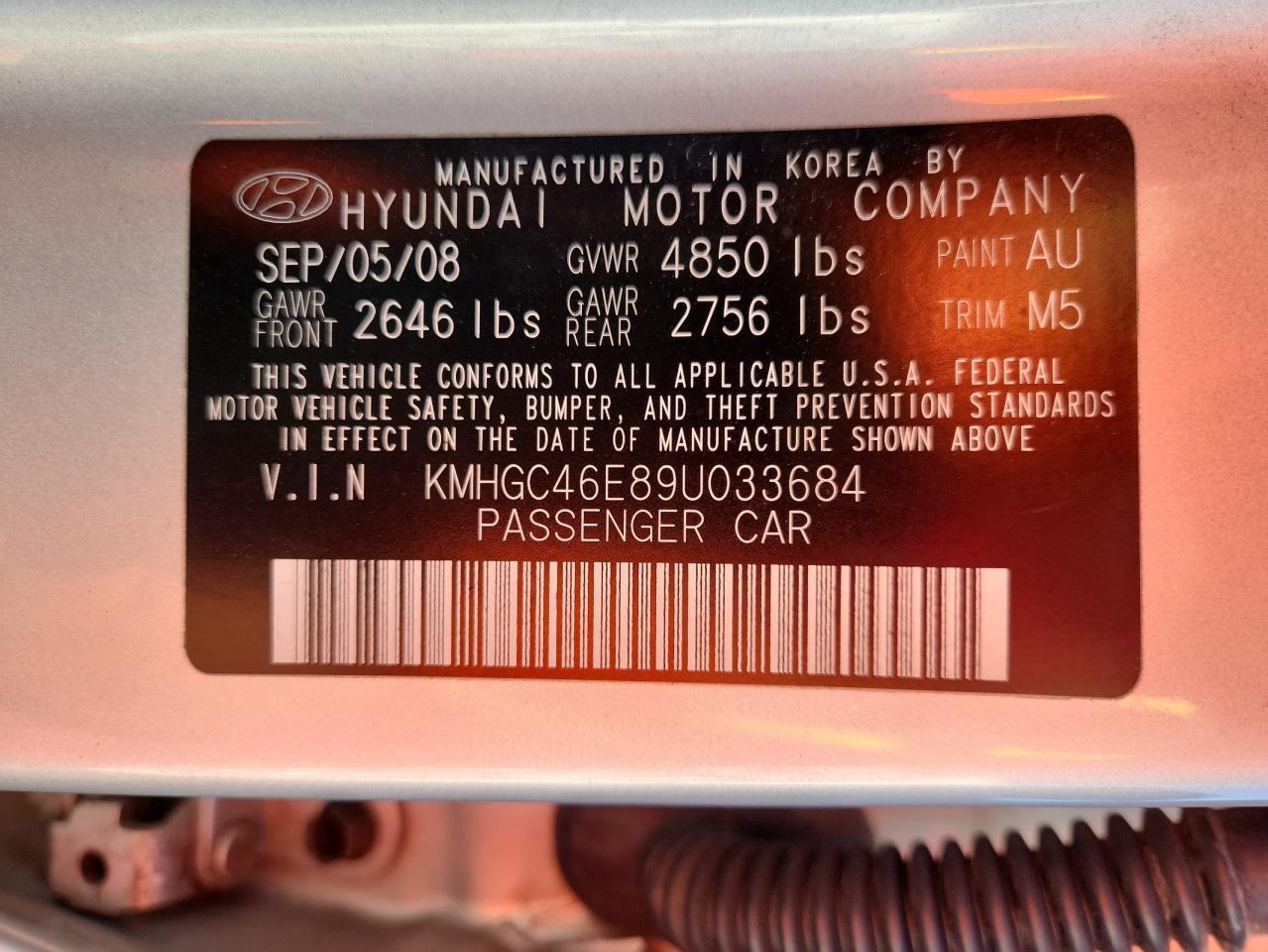 2009 Hyundai Genesis 3.8L VIN: KMHGC46E89U033684 Lot: 85355955