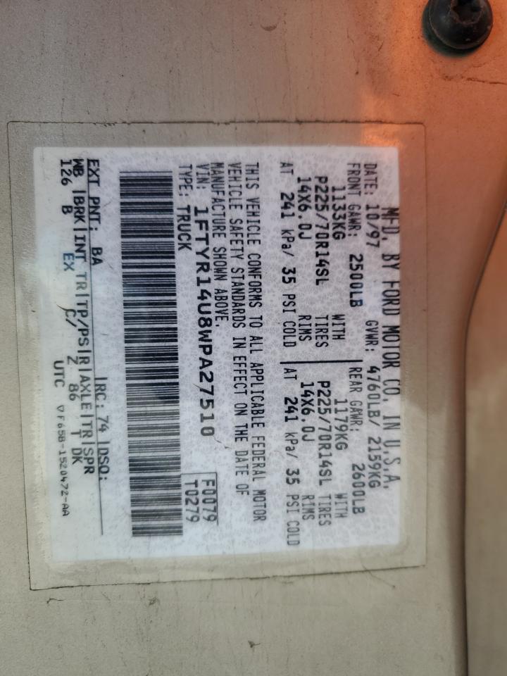 1998 Ford Ranger Super Cab VIN: 1FTYR14U8WPA27510 Lot: 87015075