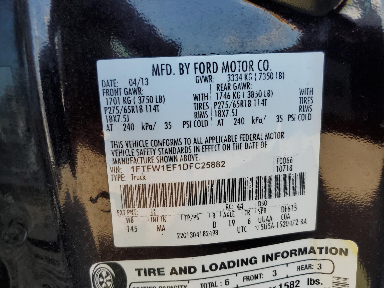 2013 Ford F150 Supercrew VIN: 1FTFW1EF1DFC25882 Lot: 89725295