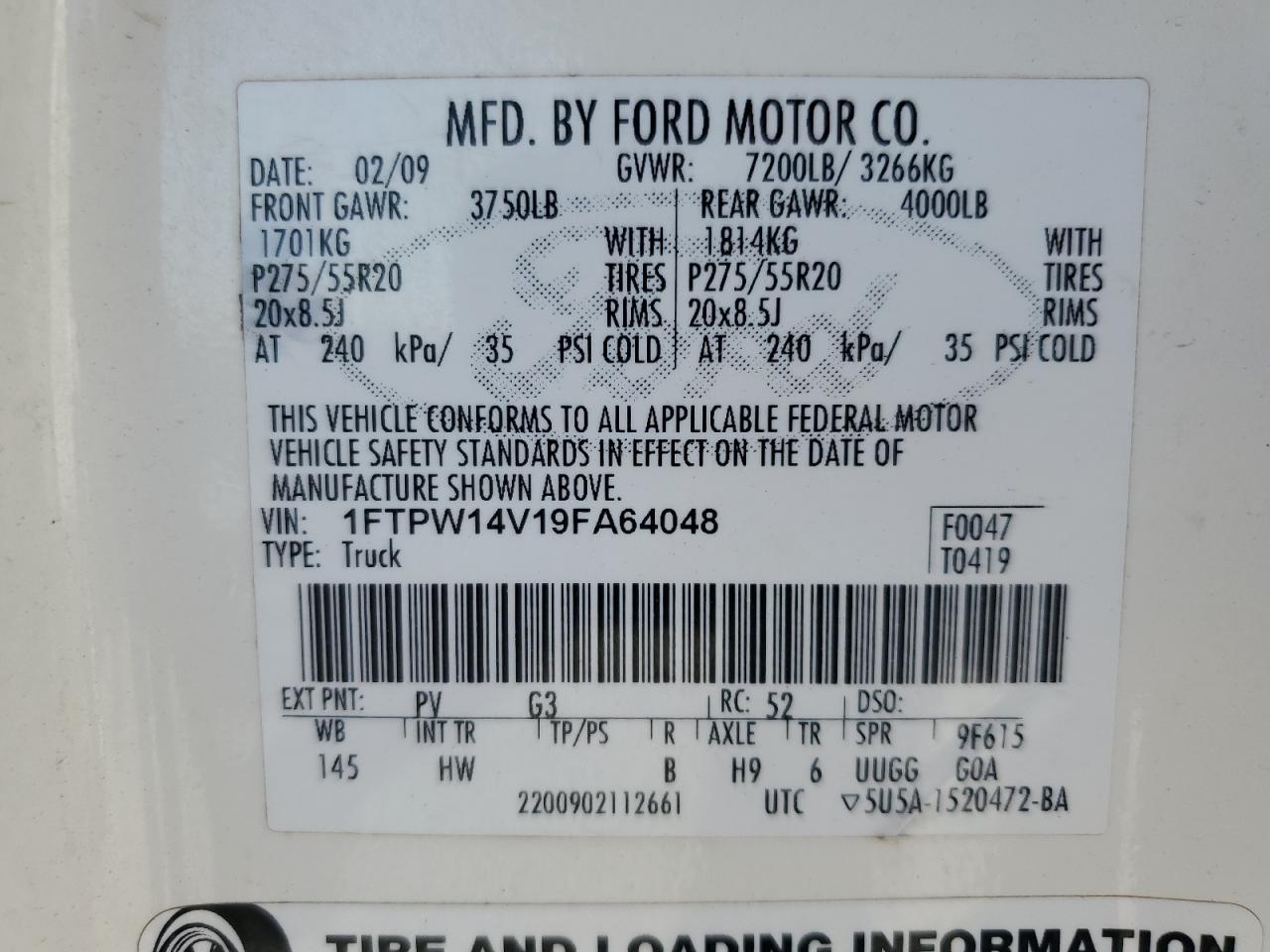 2009 Ford F150 Supercrew VIN: 1FTPW14V19FA64048 Lot: 71089235