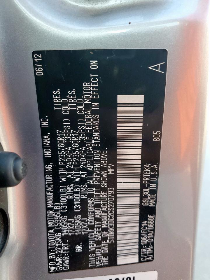 2012 Toyota Sienna Le VIN: 5TDKK3DC2CS270793 Lot: 85106675