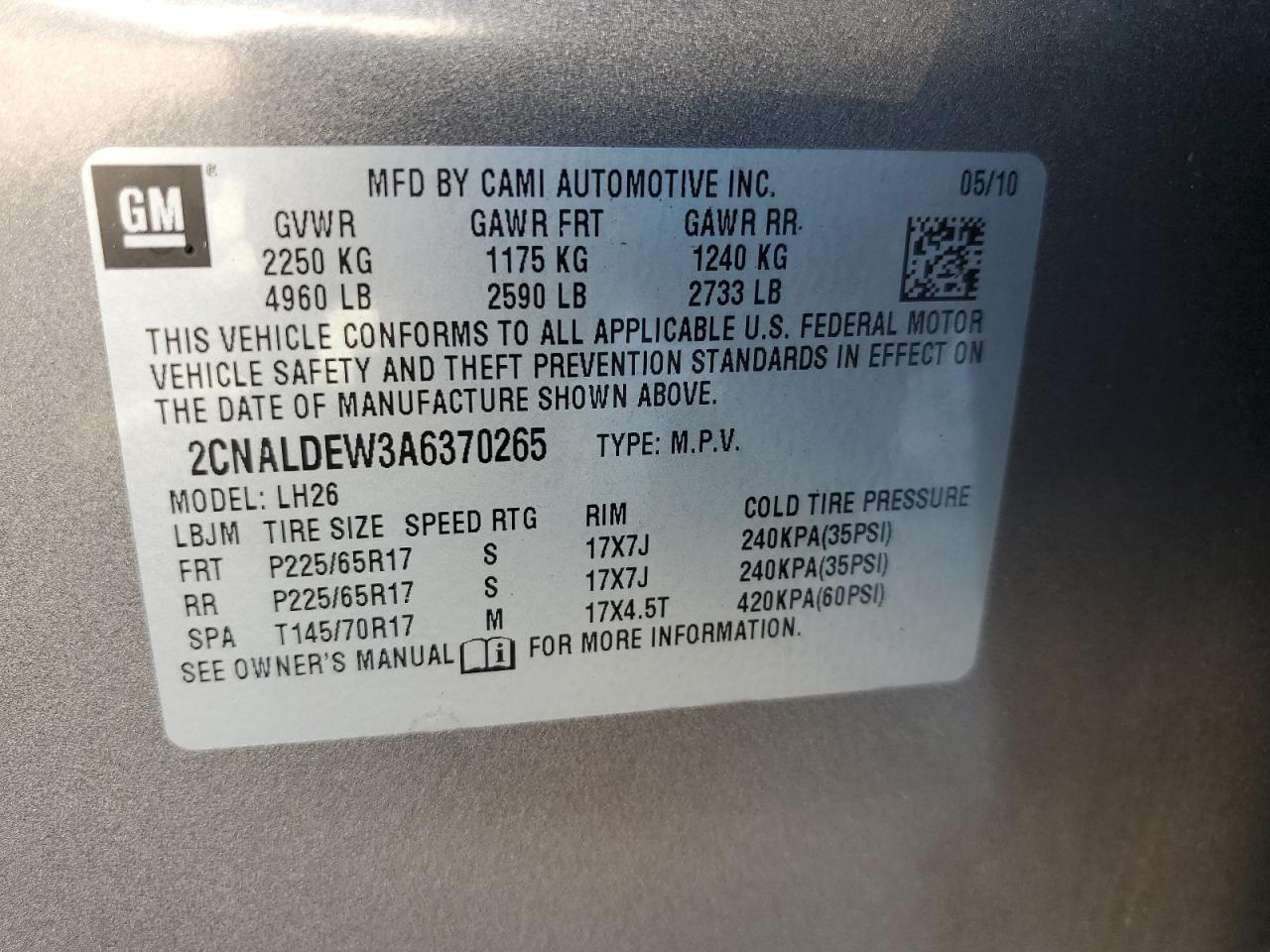 2010 Chevrolet Equinox Lt VIN: 2CNALDEW3A6370265 Lot: 82470255