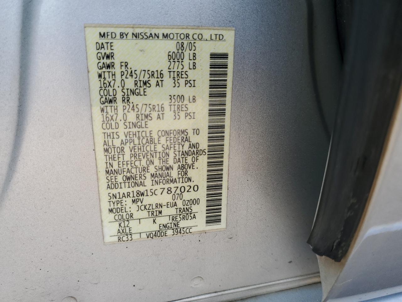 2005 Nissan Pathfinder Le VIN: 5N1AR18W15C787020 Lot: 82415285