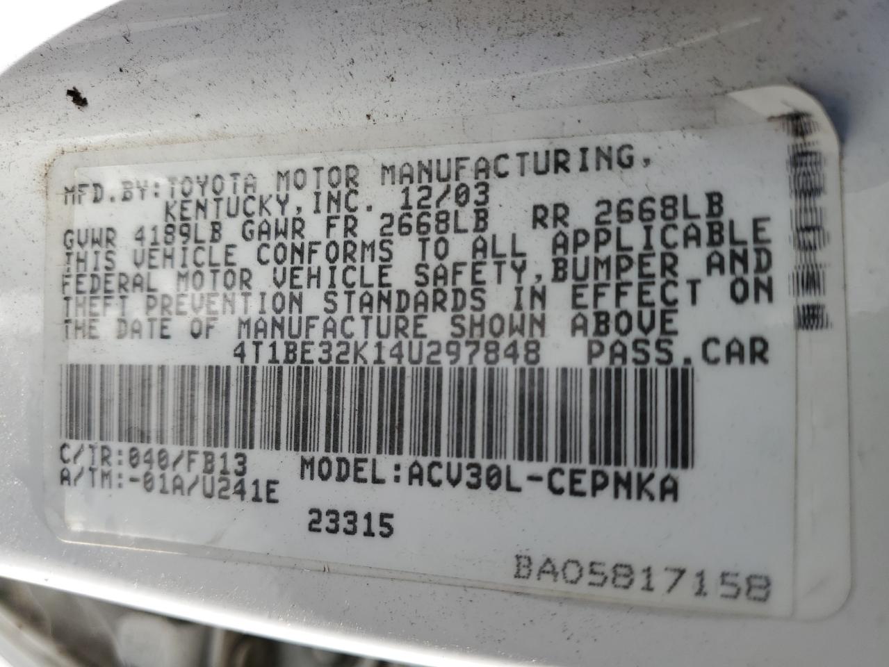 2004 Toyota Camry Le VIN: 4T1BE32K14U297848 Lot: 85383705