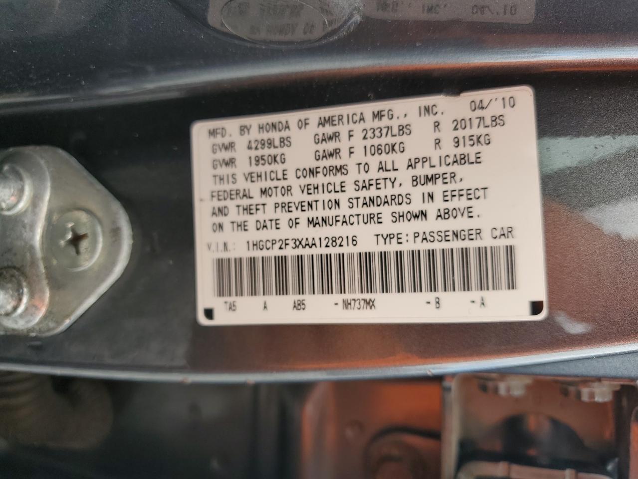 2010 Honda Accord Lx VIN: 1HGCP2F3XAA128216 Lot: 85292705