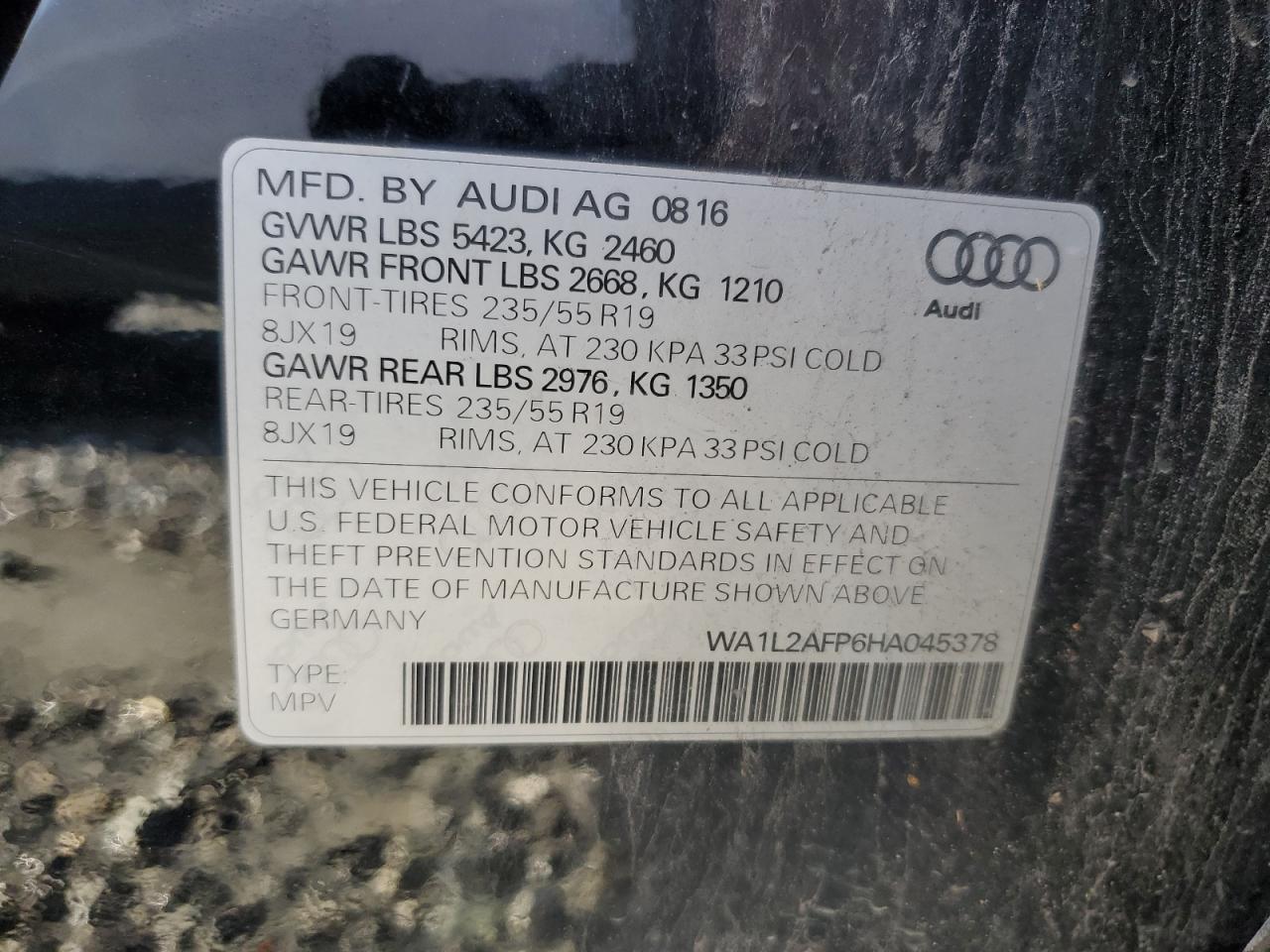 2017 Audi Q5 Premium Plus VIN: WA1L2AFP6HA045378 Lot: 86161795